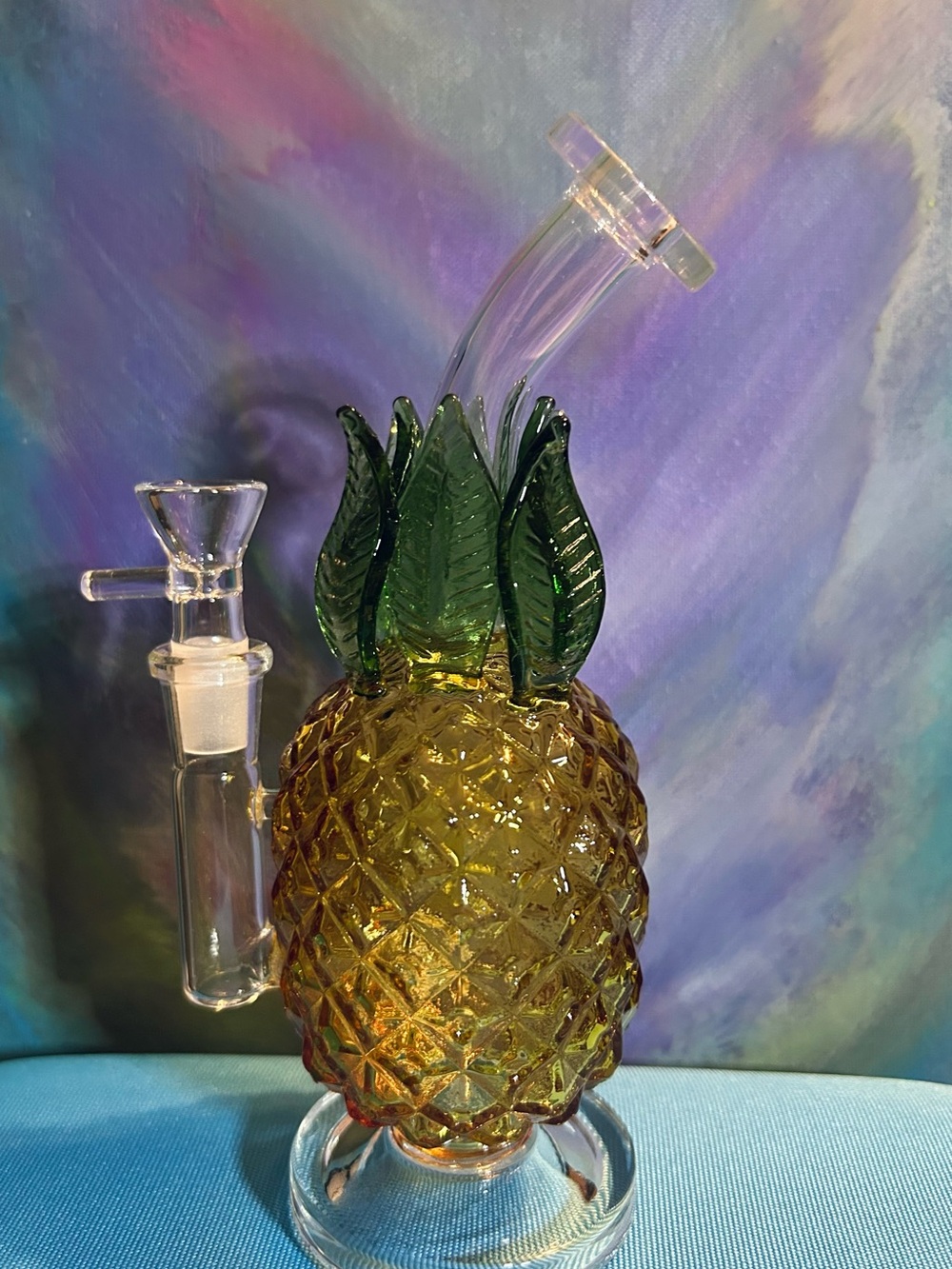 Amber Glass Pineapple Water Art Piece with Green Leaf Accents